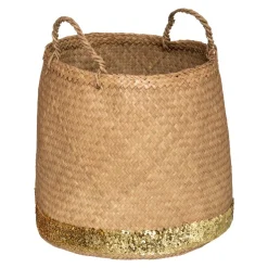 Set de 3 paniers ronds à anses, roseau tressé, sequins dorés*ATMOSPHERA Hot